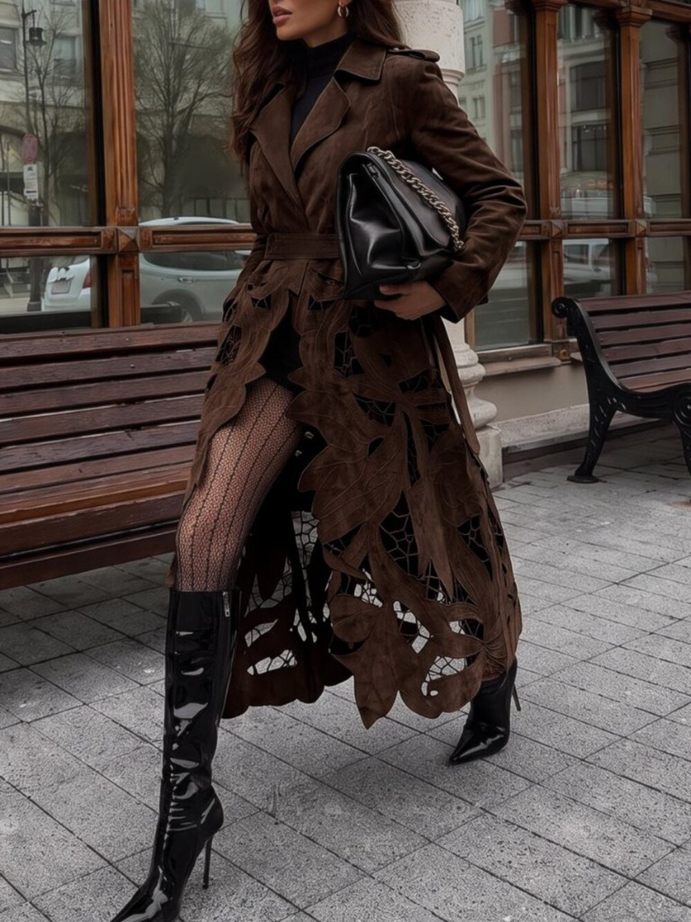 Coffee Brown Elegant Women's Leaf Hollow Embroidery Trench Coat